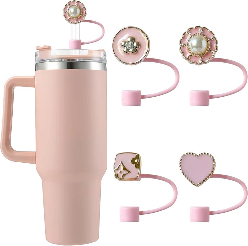 SEMATA 4PCS Silicone Straw Toppers for Stanley Cup Accessories,Pearls Rhinestone Straw Cover Cap for Stanley Tumbler 40&30 oz,Cute Pink Reusable Straws Tips Protectors Compatible with 10mm Straws - Image 1